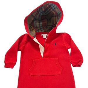 Ralph Lauren Baby Red Plaid Lined Hoodie Romper Onesie‎ 9M